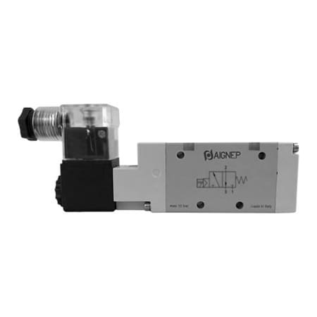 Aignep USA 3/2 Open Single Solenoid Valve, Pilot/Spr Return 1/2 NPTF, 220V AC/5VA Coil, LED Conn.